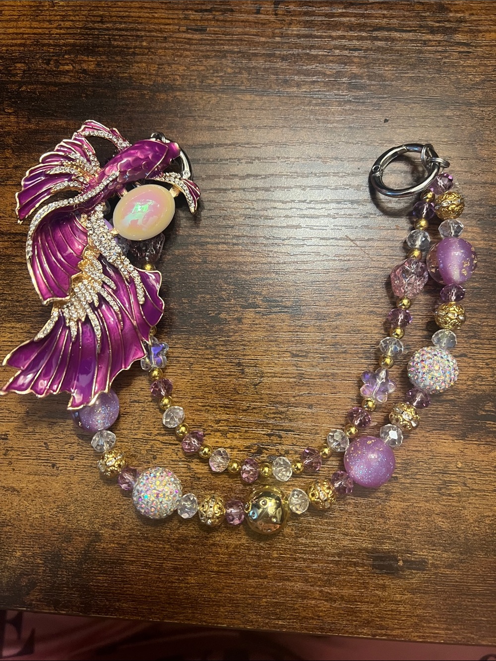 Purple Fish Brooch bag charm with crystals. Beaded Glam Statement Jewelry